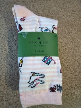 Kate Spade Light Pink Striped Crew Socks with Multicolor Motifs and Other-3 Pair